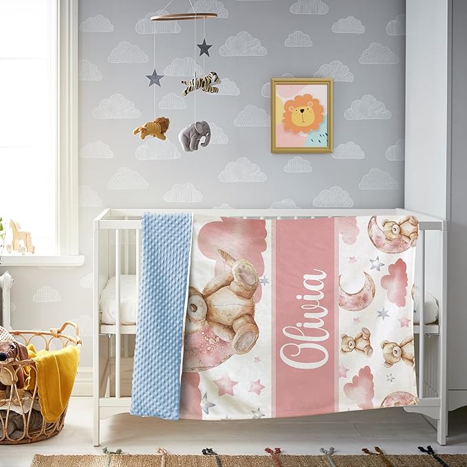 Personalized Baby Blanket – Custom Name Blankets for Newborns Boys Girls, Double Layer Dotted Backing, Pink Bear Flannel Receiving Swaddle, Sweet Custom Baby Gifts for Shower Birthday(30"x40")