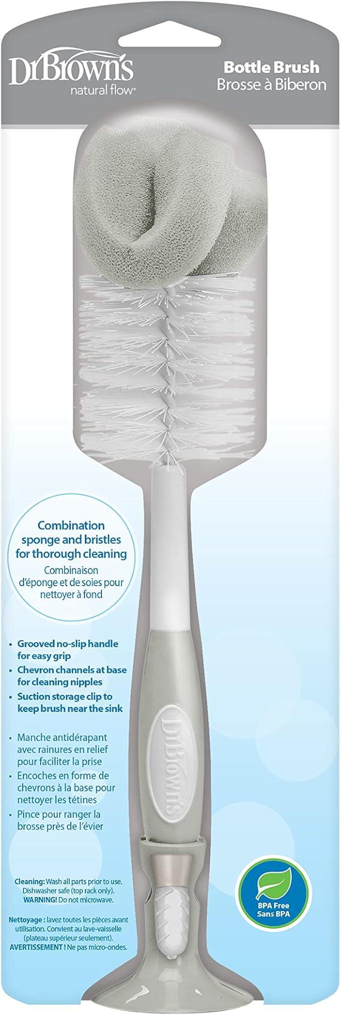 Dr. Brown's Baby Bottle Cleaning Brush with Sponge, Scrubber and Nipple Cleaner, Grey 12 Pack
