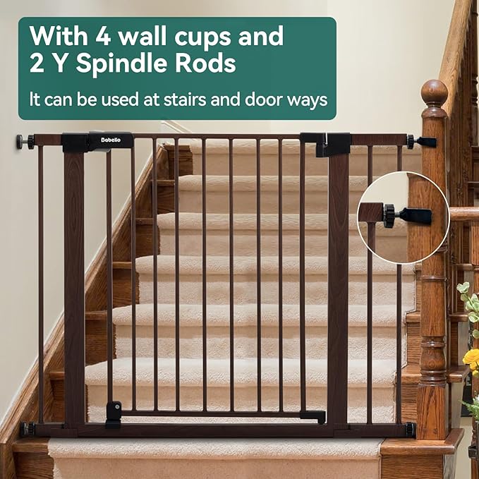 Mom's Choice Award Winner-BABELIO 26-40" Metal Baby Gate with Black Wood Pattern, PressGuard C5 Easy Install Pressure Mounted Dog Gate for Stairs and Doorways, with Wall Protectors and Extension Kits