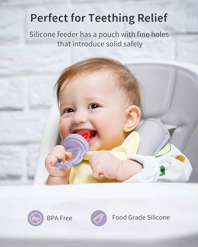 Silicone Baby Fruit Food Feeder (2 Pack) with Freezer Nibble Tray, Breastmilk Popsicle Molds for Baby Teething Relief, Feeder for Safe Infant Self Feeding, BPA Free, Dishwasher Safe (Yellow)