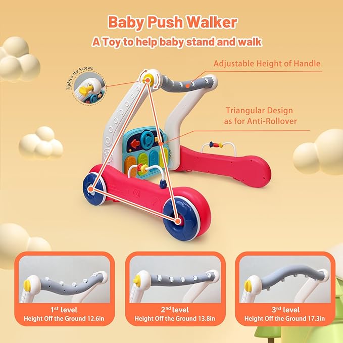 Baby Gym Play Mat & Baby Walker, Baby Activity Center with Music and Light, Tummy Time Mat, Push Toys for Toddler, Detachable Play Piano and Rattles for Newborn Babies Infants Boys Girls