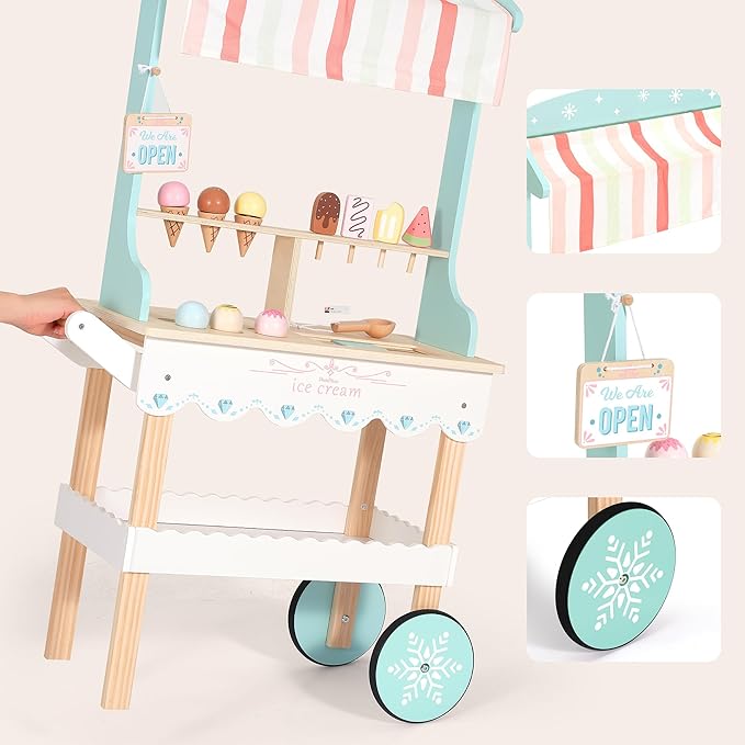 PairPear Large Wooden Ice Cream & Grocery Cart, 2 in 1 Pretend Play Ice Cream Truck Market Stand with 15 Play Food Pieces, Rolling Food Truck Toy for Kids Ages 3+
