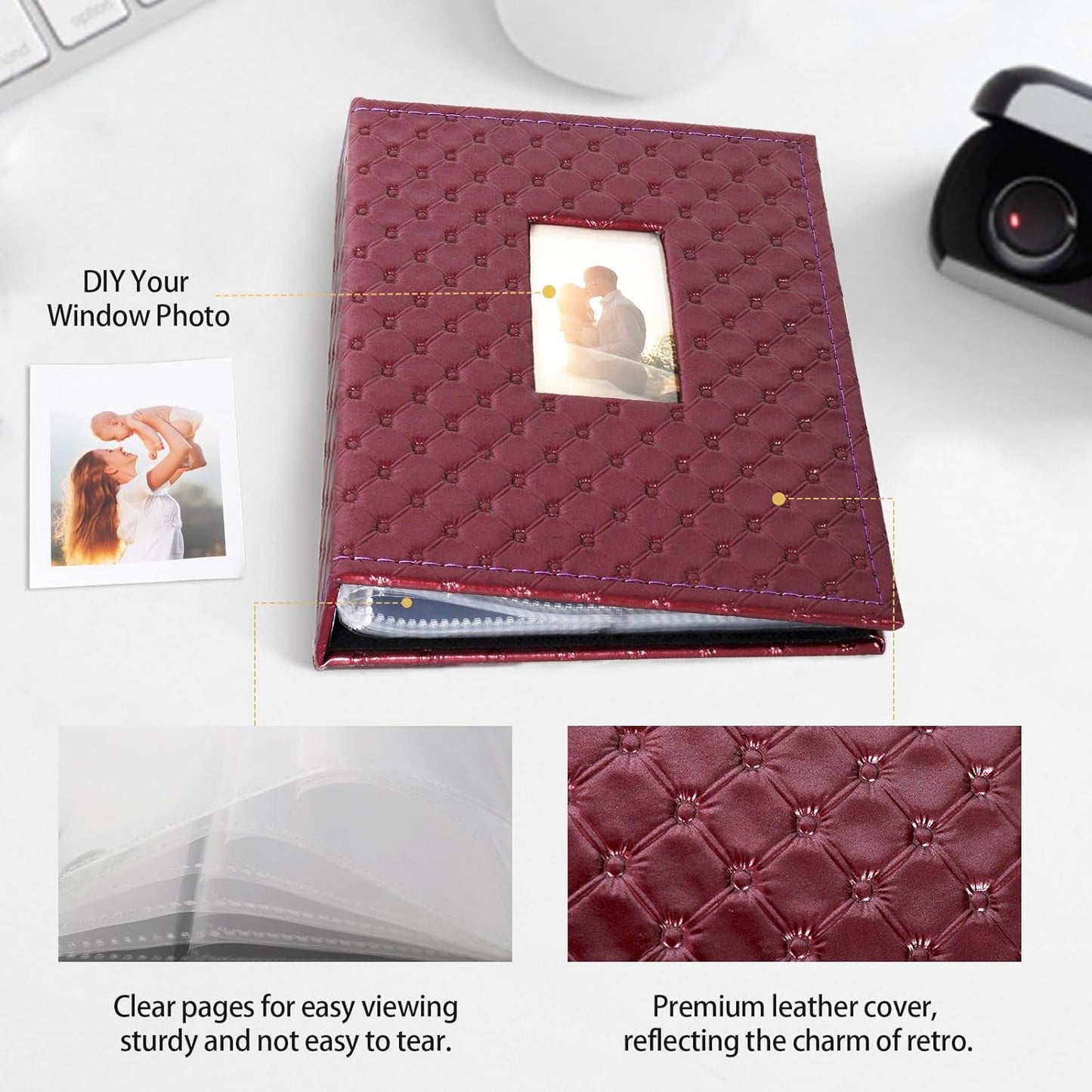RECUTMS Photo Album 208 Photos for Fujifilm Instax Mini Camera, 2x3 Inch Photo Album, Leather Cover with Window, for Instax Mini 12 11 9 40 90 8 7 Evo LiPlay Instant Camera (Wine Red)