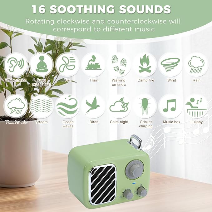 Vintage Style White Noise Machine with 16 Soothing Sounds – Portable Sleep Sound Device with Timer & Adjustable Volume for Baby, Kids, Adults, Travel & Office (Sprout Green, Portable)