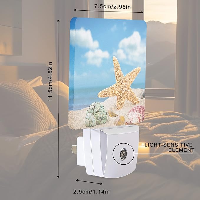 Seashells Starfishes Beach Night Light Plug-in LED Nightlights Auto Sensor Night Lamp Dusk-to-Dawn Lamp Home Decor for Nursery Children Girls Boys