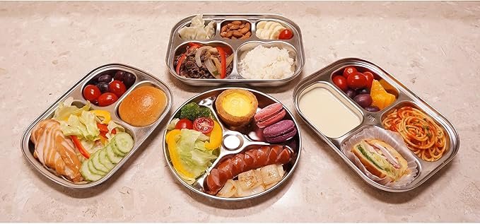 Korean Stainless Steel Divided Plates, Kids Toddlers Babies Tray, BPA Free, Diet Food Control, Camping Dishes, Compact Serving Platter, Dinner Snack, 3 Compartment Plate Silver, Set of 2