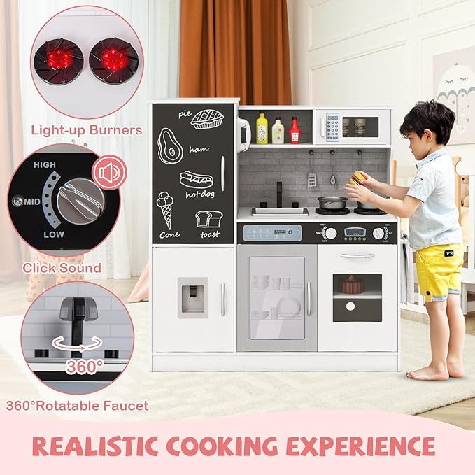 HONEY JOY Upgrade 39 in Kids Kitchen Playset, Large Wooden Little Chef Pretend Toy Kitchen Set w/Chalkboard, Telephone, Utensils, Oven, Microwave, Sink, Storage, Play Kitchen for Toddlers (White)