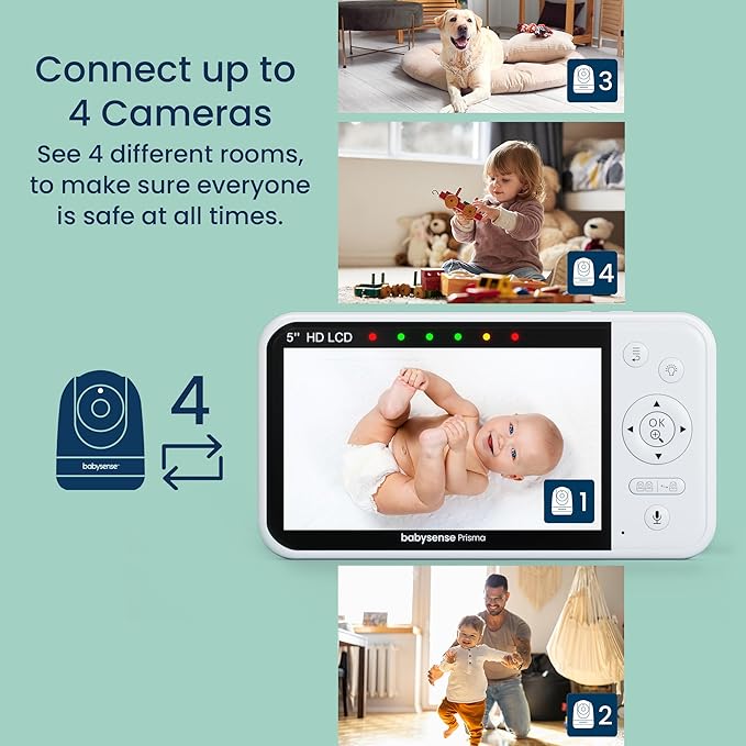 Babysense Prisma Baby Monitor with Camera and Audio, 5” HD Video Baby Monitor, 6-Color Night Light, Split Screen, Baby Sound Machine with White Noise & Lullabies, Secure No WiFi