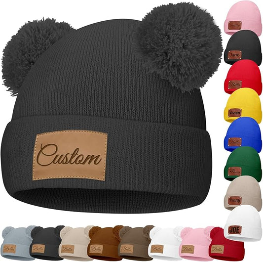 Custom Baby Beanies Personalized Toddler Winter Hats Name Leather Patch Kids Knit Warm Hat for Infant Boys Girls Adult