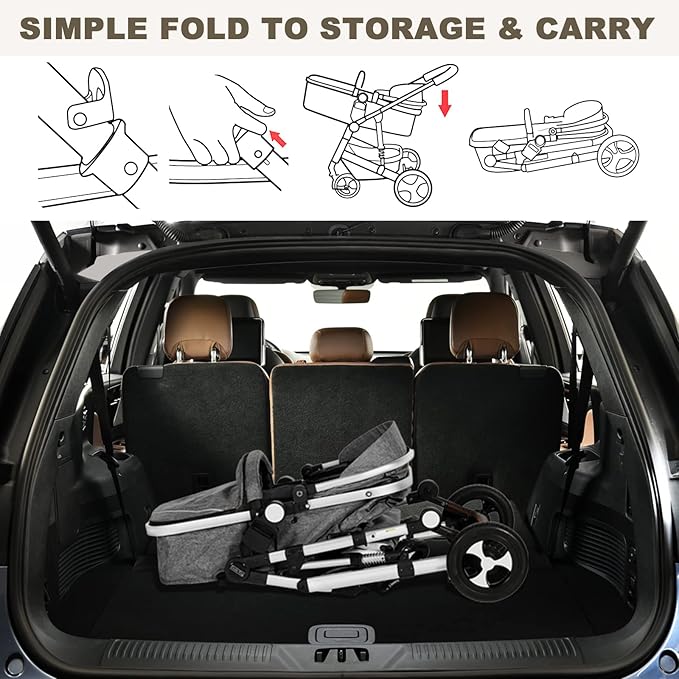 Kinder King 3 in 1 Reversible Baby Stroller w/Detachable Tray, Convert to Newborn Pram, Folding Infant Carriage for Toddler, Adjustable Canopy & Handle, Aluminum Alloy, Suspension Wheels