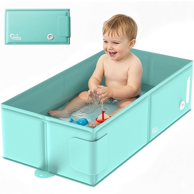 Bella’s Friends Baby Collapsible Bathtub, Travel Bath Tub for Baby, Foldable and Portable, Easy Storage, Reinforced Structure, Lightweight, Travel Essentials for 6M-3Y Infant Toddler, Green