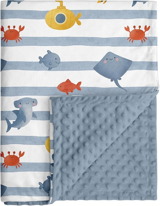 Baby Minky Blanket for Boys Girl, Super Soft Newborn Nursery Blanket with Double Layer Dotted Backing, 30x40 Cozy Printed Bed Throw Blanket, Undersea World