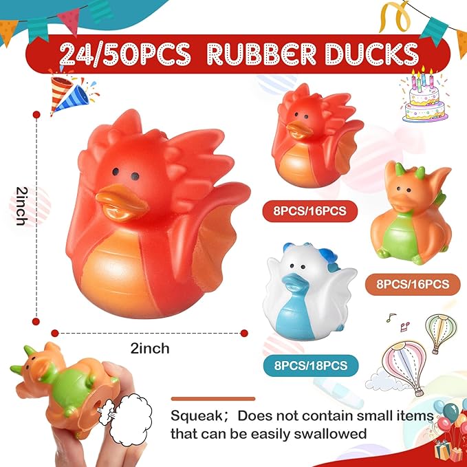 Deekin 24 Pcs Assorted Rubber Ducks in Bulk, 2 Inch Rubber Duckies for Party Supplies, Mini Bath Toys for Baby Shower Pool Party (Dragon)