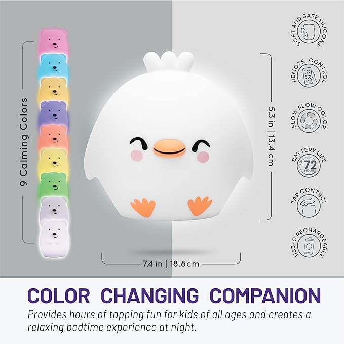 Lumipets Remote Control Silicone Night Light for Kids - Chick Design with 9 Soft Colors & Sleep Timer - Rechargeable, Battery-Operated Lamp for Bedroom | Baby Nursery, Toddler, Girls, Boys