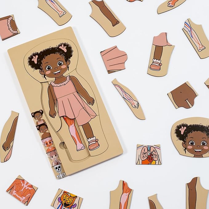 My Body Parts Puzzle for Toddlers Kids African Girl Montessori Wooden Anatomy Puzzle 3-5 Years Old Preschool Learning Game Human Body Cognitive Toys