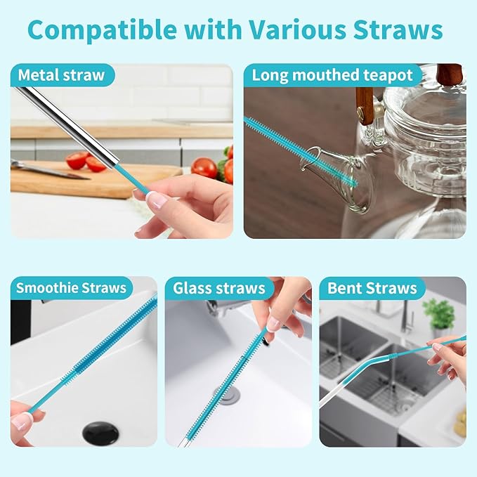 2Pcs Silicone Straw Cleaner Brush, 9.84in Reusable Straw Cleaner with Bendable Steel Core, Extra Long Soft Bottle Brush for Clearing Glass Straws, Smoothie Straws, 9mm&6mm (Blue)