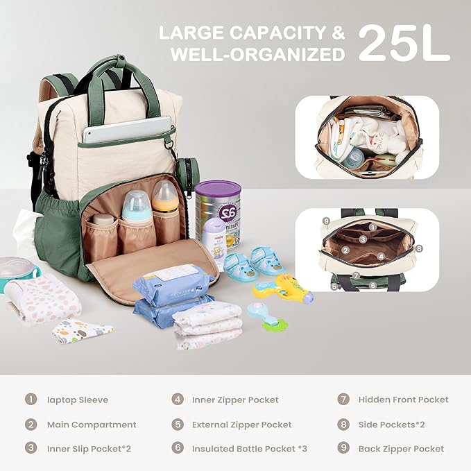 VONAL Diaper Bag Backpack, Lightweight Baby Diaper Bags, Travel Large Diaper Bag with Changing Station, Green Diaper Backpack for Boys Girls Newborn with Insulated Pockets, Stroller Straps