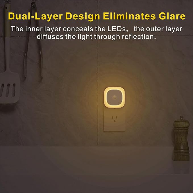 2 Pack Plug in Night Light with Motion Sensor & Dusk to Dawn Sensor, 3 Sensor Modes, Dimmable Night Lights Plug into Wall, Warm White Nightlight for Kids, Bathroom, Bedroom, Kitchen, Indoor