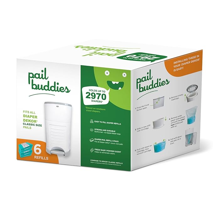 Pail Buddies Diaper Pail Refills | 6 Count | Compatible with Dekor Classic Diaper Pail | Strong, Durable Diaper Pail Refills with Fresh, Baby Powder Scent