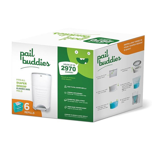 Pail Buddies Diaper Pail Refills | 6 Count | Compatible with Dekor Classic Diaper Pail | Strong, Durable Diaper Pail Refills with Fresh, Baby Powder Scent