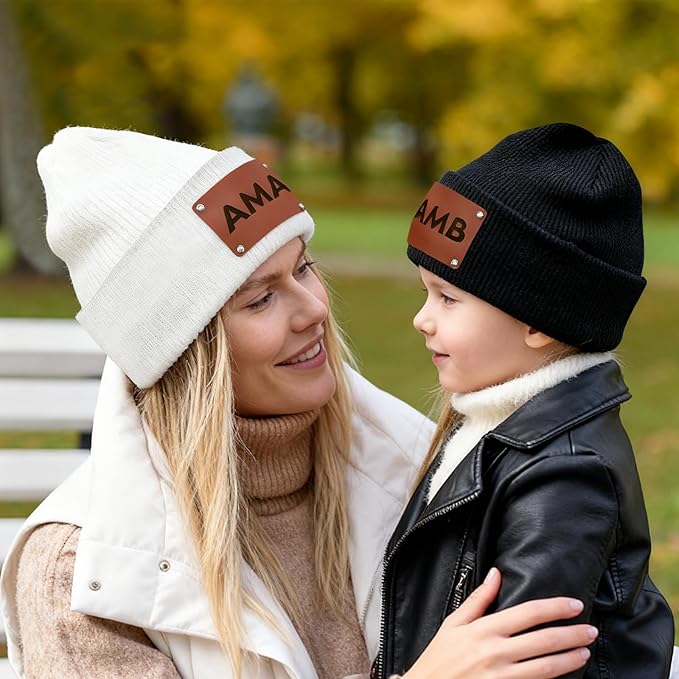 Custom Baby Beanies Personalized Toddler Winter Hats Name Leather Patch Kids Knit Warm Hat for Infant Boys Girls Adult