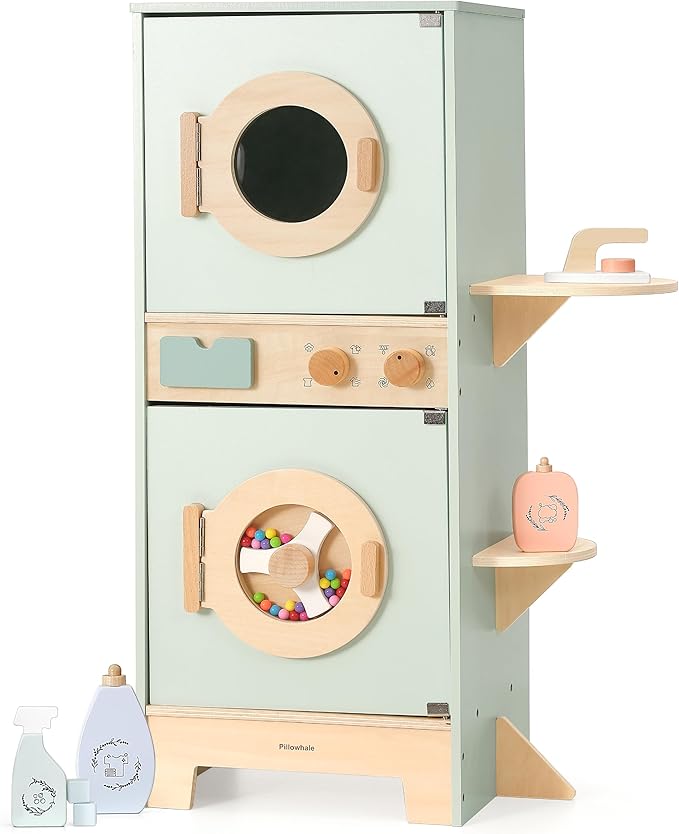 Wooden Washer-Dryer Playset for Kids – 2-in-1 Laundry Center Toy, Dual-Opening Doors, Spinning Drum & Click-Knobs, Basket + Iron Accessories – Montessori Pretend Play Gift Ages 3-6