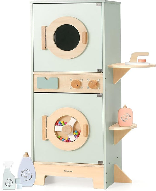 Wooden Washer-Dryer Playset for Kids – 2-in-1 Laundry Center Toy, Dual-Opening Doors, Spinning Drum & Click-Knobs, Basket + Iron Accessories – Montessori Pretend Play Gift Ages 3-6