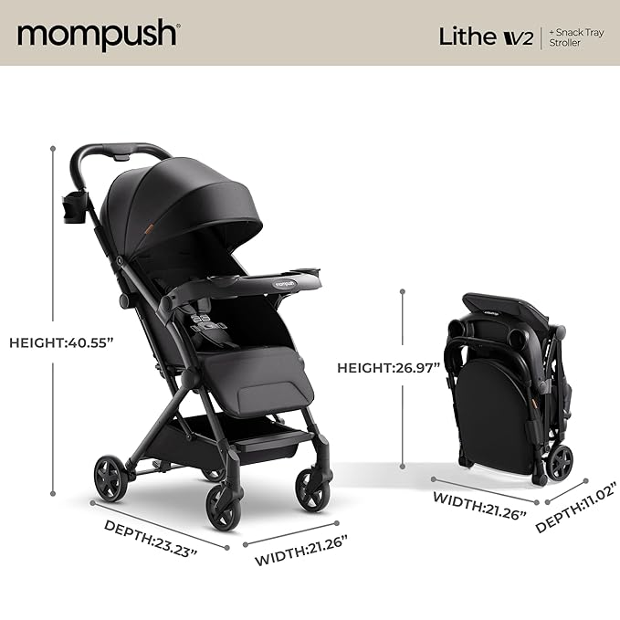 Mompush Lithe V2 Lightweight Travel Stroller, Compact Foldable Baby Stroller with Travel Bag, One-Hand Fold Stroller, Snack Tray, Mechanical Recline Seat, Airplane-Ready, UPF 50+ Canopy & Rain Cover