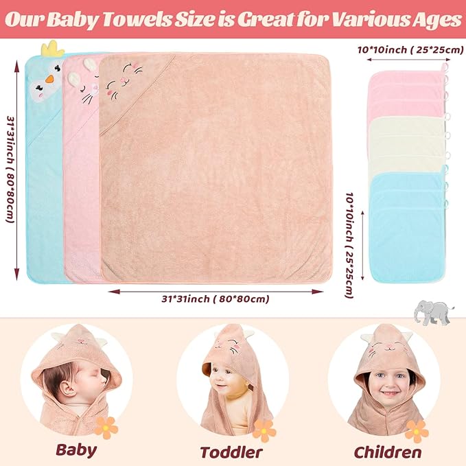 12 PCS Hooded Baby Towels, Soft Baby Towels, Absorbent Baby Bath Towels, 3 PCS Baby Towels, and 9 PCS Baby Washcloths for Newborns, Toddlers, and Kids, 32x32 in Baby Towels with Hood for Boy and Girl