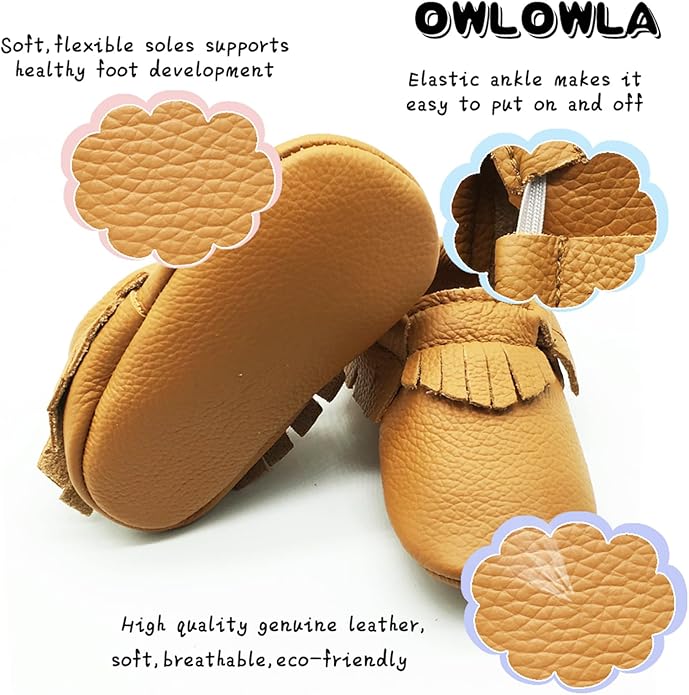 OWLOWLA Baby Moccasins Soft Sole Leather Baby Shoes Infant Toddler Pre-Walker Shoes Baby Boy Girl