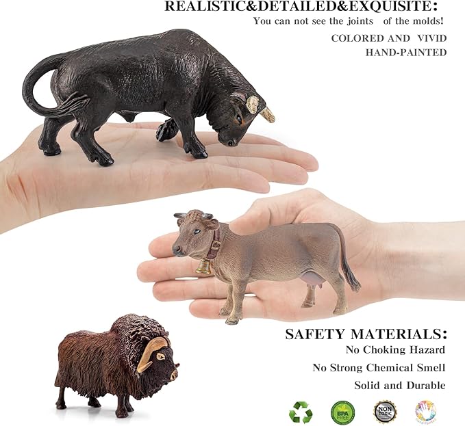 LC JoyCre Bulls Toys Cows Figurines 4PCS Realistic Big Swiss Cow Figures Toys for Toddlers African Bull Musk Ox Cow Figures for Kids Birthday 3 4 5 6 Year Old