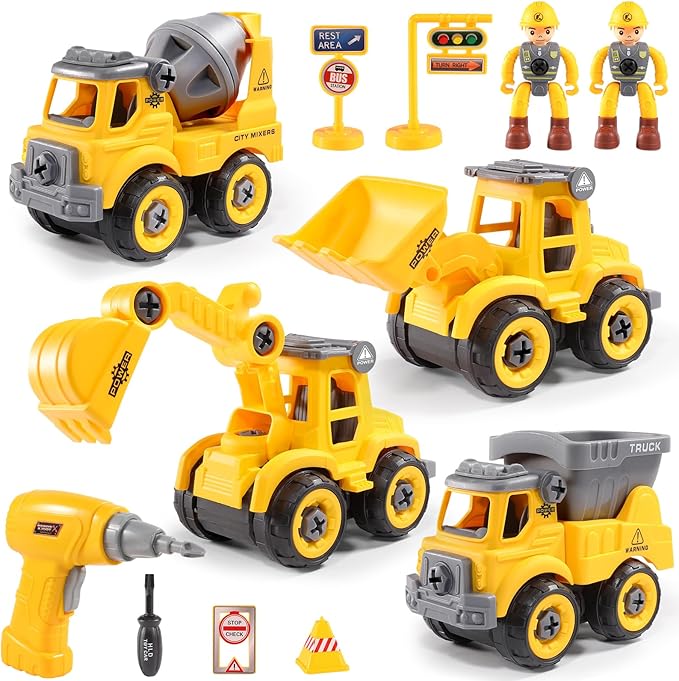 LUDILO Toddler Kids Toys Boys 3-5: Mini DIY Assembly Stem Learning Educational Building Toy Cars with Electric Drill Sandbox Beach Construction Toy Trucks, 2 3 4 5 Year Old Boy Toys Birthday Gift Xmas