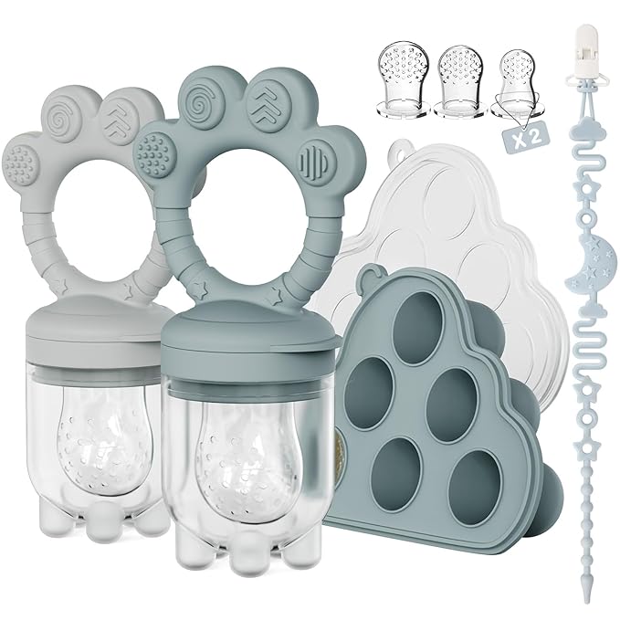 2 Pack Baby Fruit Food Feeder+Breastmilk Popsicle Molds,Baby Teethers,BPA Free,3 Sizes,2mm Fine Holes to Prevent Choking,Perfect for Teething Relief & Infant Solid Food Introduction,3 M+ (Ether/Grey)