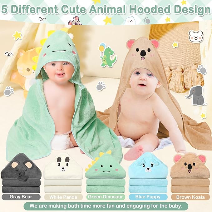 15 PCS Hooded Baby Towels, Soft Baby Towel, Absorbent Baby Bath Towel, 5 Styles Baby Towels and 10 PCS Baby Washcloths for Newborns, Toddlers, and Kids, 32x32 in Baby Towel with Hood for Boy and Girl