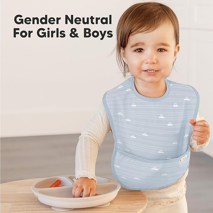 3-Pack Waterproof Baby Bibs for Eating - Lightweight Toddler Feeding Bibs with Large Food Catcher, Mess Proof, Food-Grade Baby Eating Essentials, Easy to Put On & Clean (Vessels)