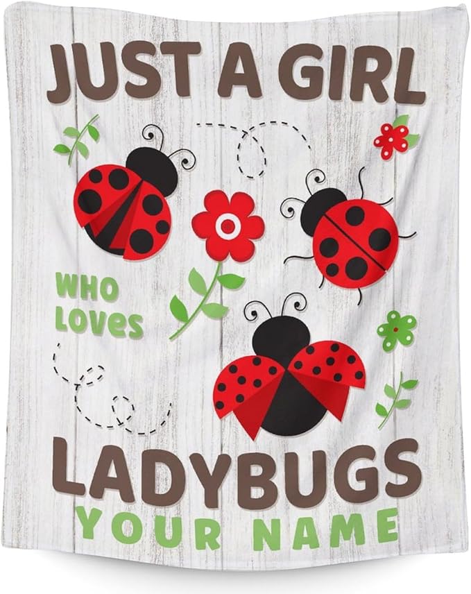 Personalized Ladybug Gifts for Kids - 30 x 40 Inches Cute Lady Bug Blanket for Girls - Grey Plush Warm Decor for Crib, Lap