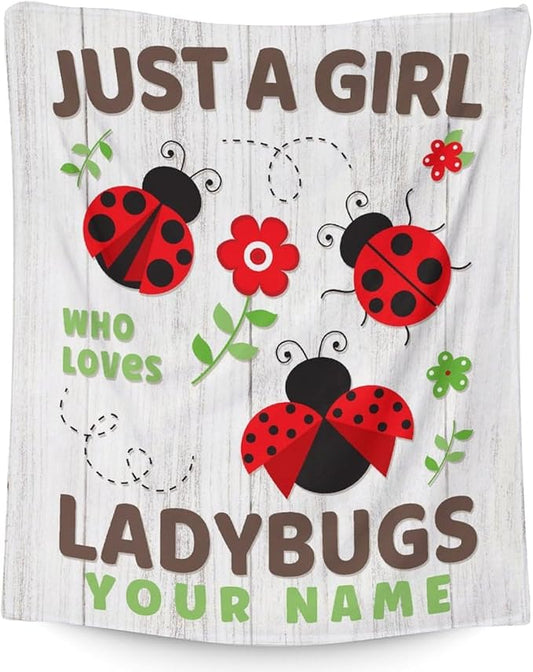 Personalized Ladybug Gifts for Kids - 30 x 40 Inches Cute Lady Bug Blanket for Girls - Grey Plush Warm Decor for Crib, Lap