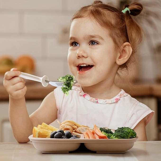 6 Pieces Toddler Utensils, Children Silverware Set with Silicone Handle, Kids Safe Spoons and Forks, Dishwasher Safe, 18/8 Stainless Steel, Food-grade Silicone，BPA Free - Tan