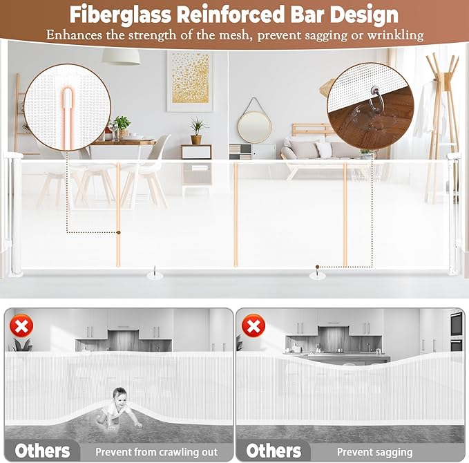 236" Retractable Baby Gate Extra Wide, 41" Tall Retractable Dog Gate for Stairs, Doorways, Decks, Mesh Gate Long Child Gate Pet Gate for Indoor, Outdoor, with Reinforced Mesh Rods, Dual Locks