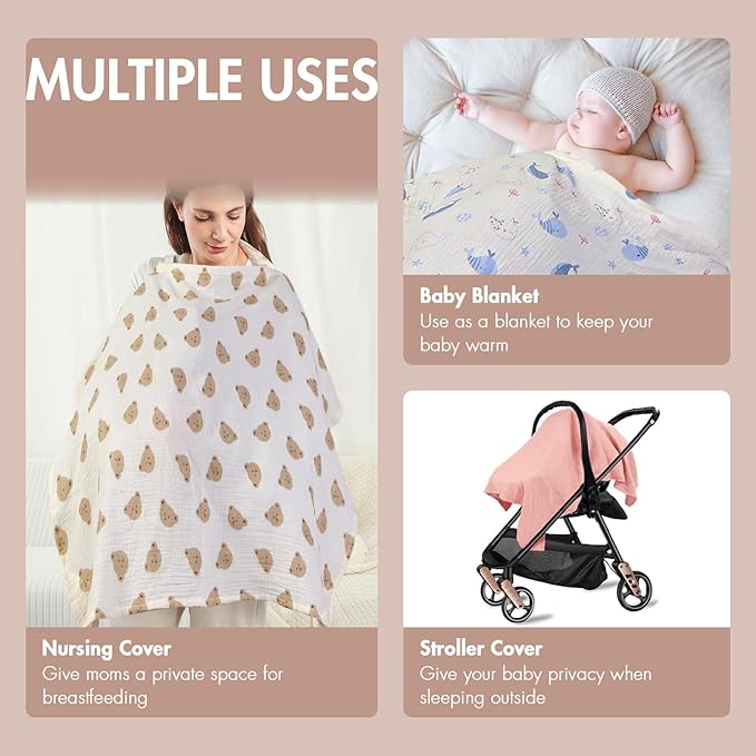 2-Pack Muslin Nursing Cover for Baby Breastfeeding - Breathable Breastfeeding Covers for Nursing with Arch Neckline, Bear & Flower Privacy Covers