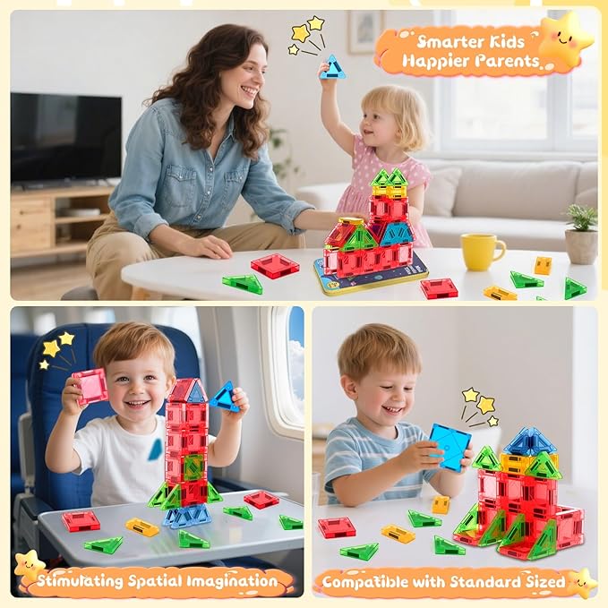 Magnetic Tiles Building Blocks Toy Set: Portable Mini Magnetic Tiles Travel Set 32 Pieces with Iron Tin Construction Toys Gift for Kids Girls and Boys Ages 3-12 Years Old School Classroom Must Haves