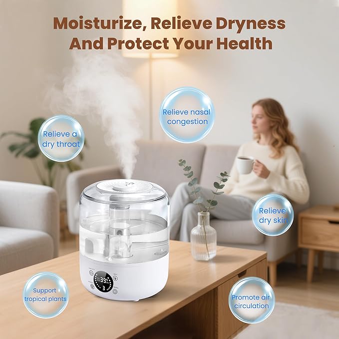 Humidifiers for Bedroom Baby, QWUE Top Fill 3L Humidifier Large Room, Easy to Fill & Clean, 28dB Quiet Cool Mist Air Humidifier for Plants, Home, Nursery, Allergy Relief, Auto Shut-off and BPA-Free