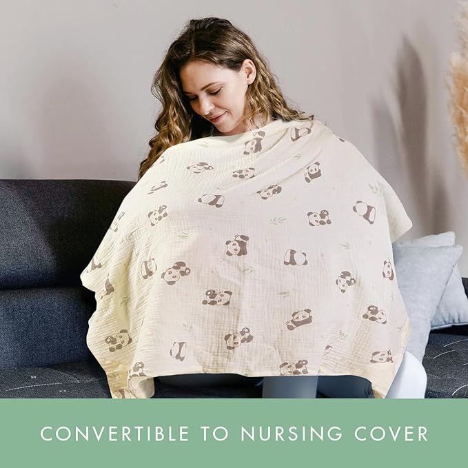 2-Pack Muslin Nursing Covers for Breastfeeding - Breathable Breastfeeding Covers with Arch Neckline, Privacy Nursing Cover for Women and Baby, Gray & Panda