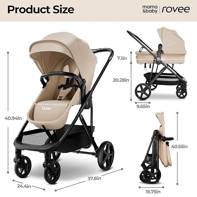 MAMA & BABY Rovee 2-in-1 Baby Stroller, Convertible Infant & Toddler Stroller with Reversible Seat, Large UPF 50+ Sun Canopy, Foldable Stroller with Shock-Absorbing Wheels & Storage Basket
