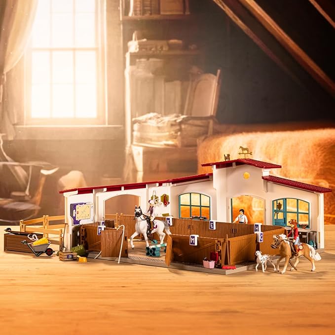 Schleich Horse Club - 179PC Peppertree Riding Arena Horse Playset with Real Dressage Cards - With Stable Set, 2 Horses, 3 Rider Figurines, Cards and Accessories - Toys for Girls & Boys Ages 5+ | 42639