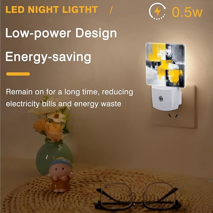 Grey and Yellow Abstract Art Night Light, Plug-in Nightlight with Dusk to Dawn Auto Sensor for Home Bedroom Hallway Kitchen 0.5W Sleep Friendly Led Lamp for Women Men