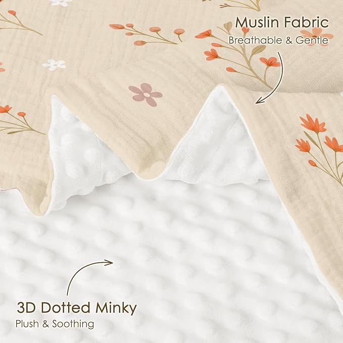 Floral Baby Blankets for Girls, Soft Nursery Minky Blankets with Muslin and Dotted Fleece Back 30x40 inches, Receiving Bed Quilt for Newborn, Infants, Toddlers