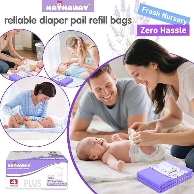 Diaper Pail Refill Bags Compatible With Dekor Plus Diaper Pail, Extra 30% Length, Lavender Scent, 4 Pack