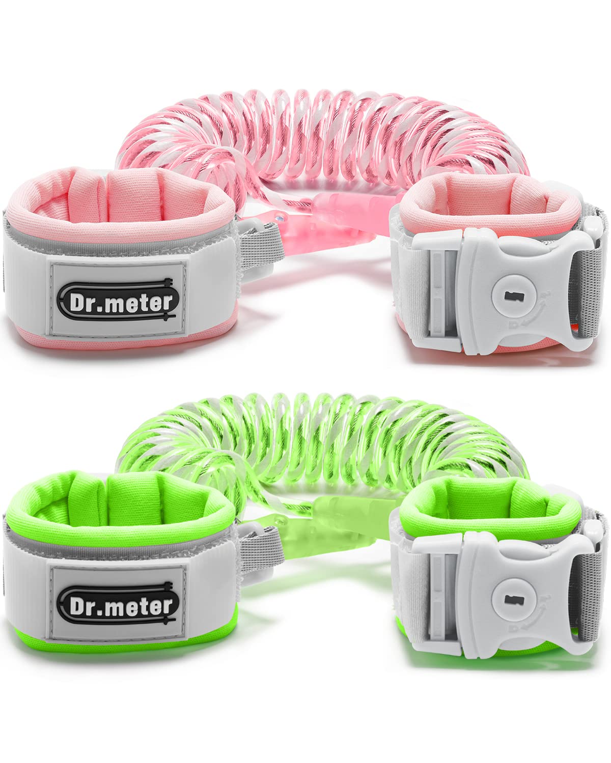 Dr.meter Anti Lost Wrist Link, 2 Pack Toddler Safety Leash with Key Lock, Reflective Child Walking Harness - Dual 8.2ft Length Pink & Green Kids Leash for Boys and Girls Outdoor Essencial