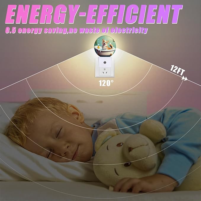 Funny Corgi Bathing Night Light Puppy Lover Night Lights LED Lamp Round Plug into Wall Nightlight with Dusk to Dawn Sensor Home Hallway Stairway Kitchen Decor